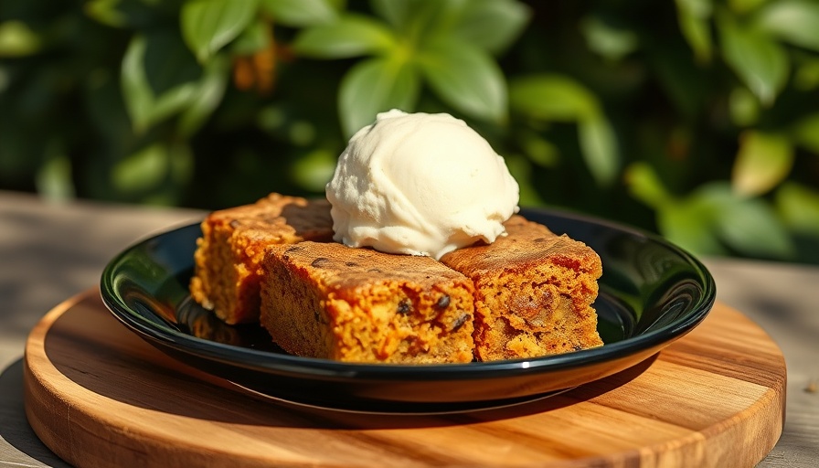 Gooey Spiced Squash Blondies with ice cream on a black plate.