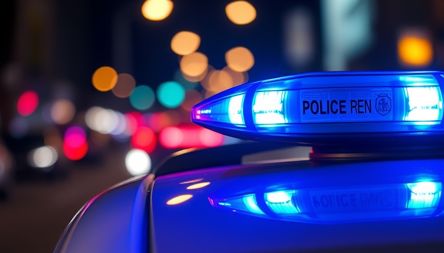 Blue police siren flashing amid city lights, triple homicide in Georgetown.