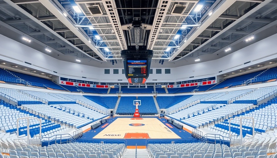 Empty basketball stadium with bright lights and scoreboard, March Madness.