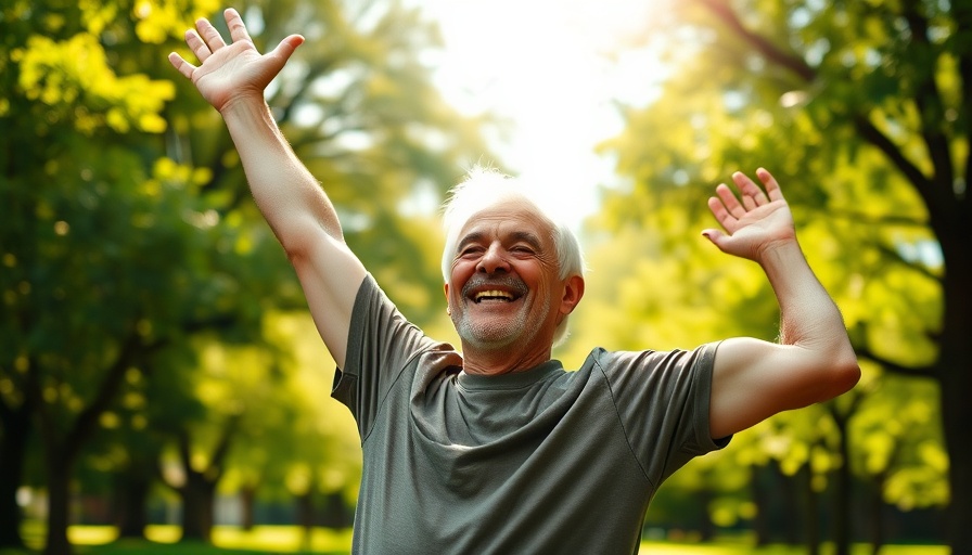 Joyful older man stretching outdoors, showcasing viral workout benefits.