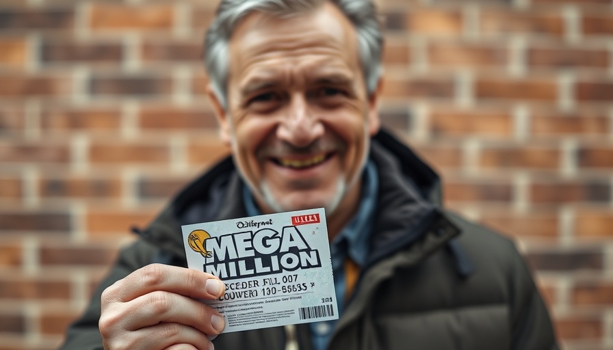 Middle-aged man holding a lottery ticket, brick wall backdrop.