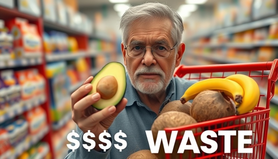 Man with avocado beside a cart of groceries, text '$$$ Waste'.