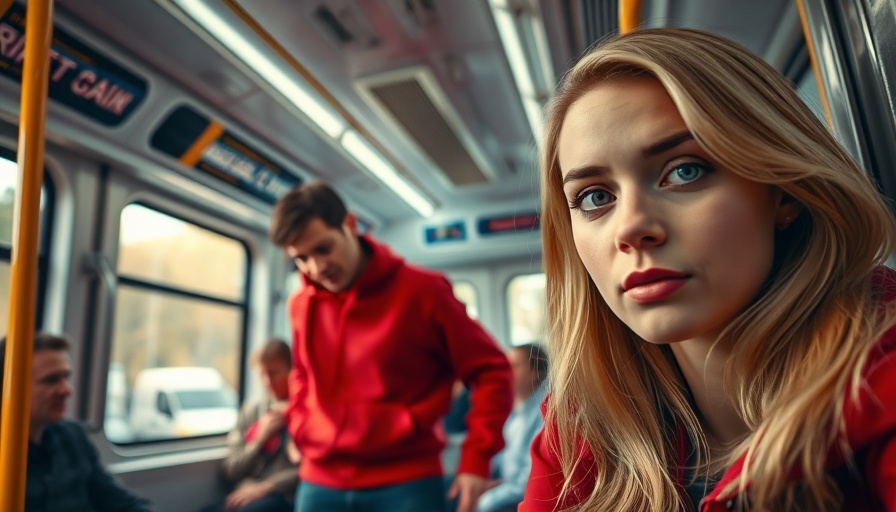 Public transit incident with hooded figure and portrait of blonde woman.