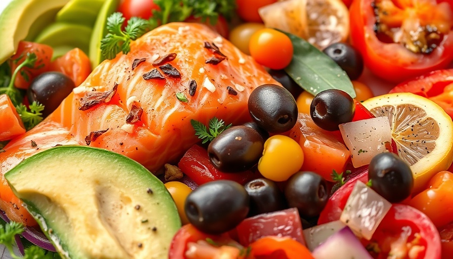 Colorful Mediterranean diet ingredients promoting heart health benefits.