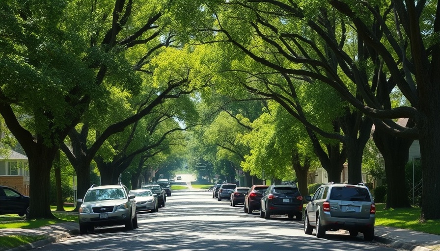 Suburban street with vehicles parked under large trees on a sunny day.