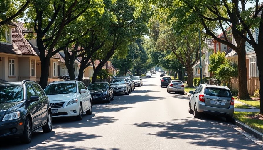 Suburban street with trees and parked vehicles under natural lighting.