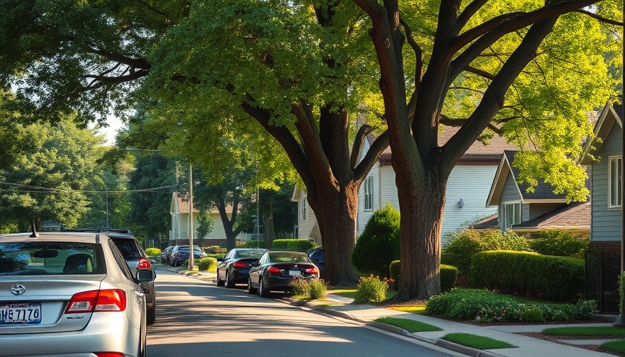 Suburban street in Utah with trees and parked cars under afternoon sun