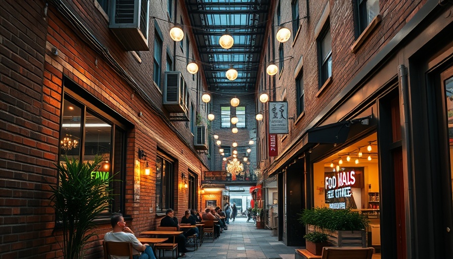 Denver food hall alleyway with string lights and seating areas.