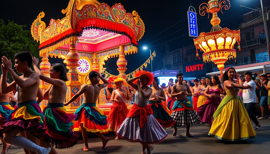 San Antonio cultural events: Colorful festive float with performers at night.