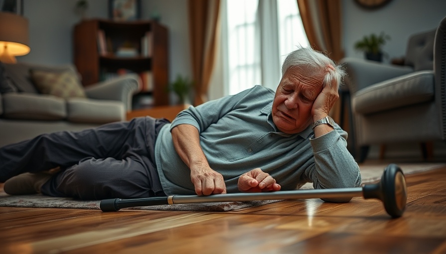Senior fall prevention: elderly man on floor reaching for cane.