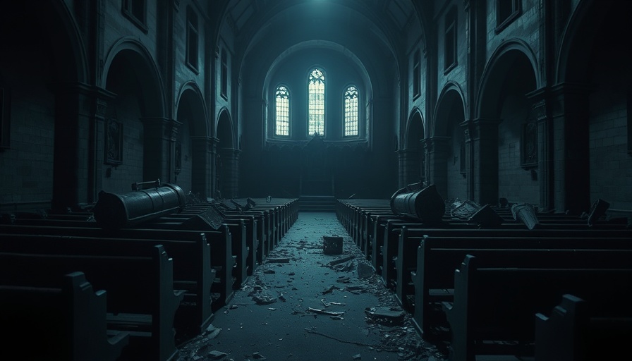 Dimly lit church interior showing signs of theft, overturned pews.