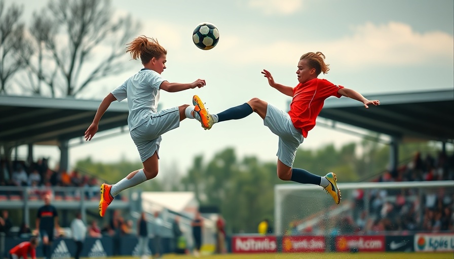 Amateur soccer players competing mid-air on field, highlighting brain health.