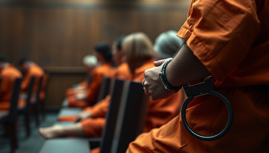 Close-up of handcuffed individuals in courtroom, illustrating domestic violence backlog in Bexar County.