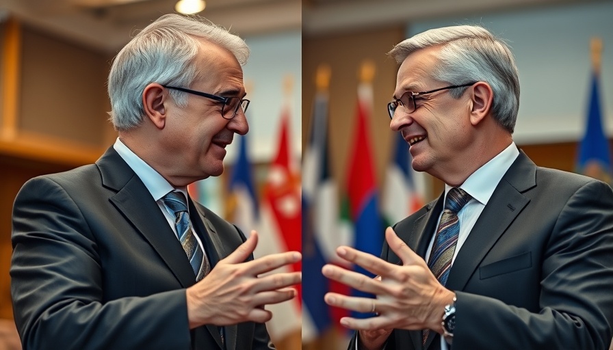 Two men in suits discussing indoors with flags in background.