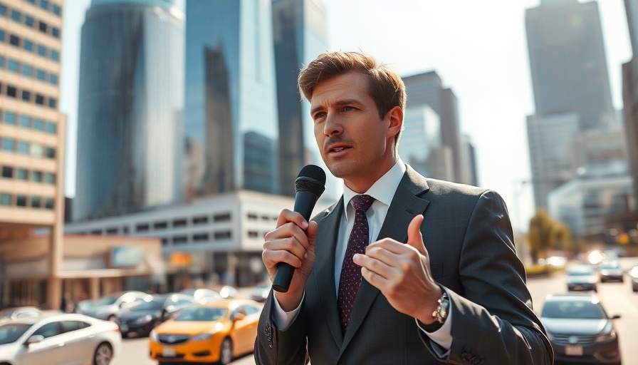 Reporter delivering Dallas TX local news in cityscape.