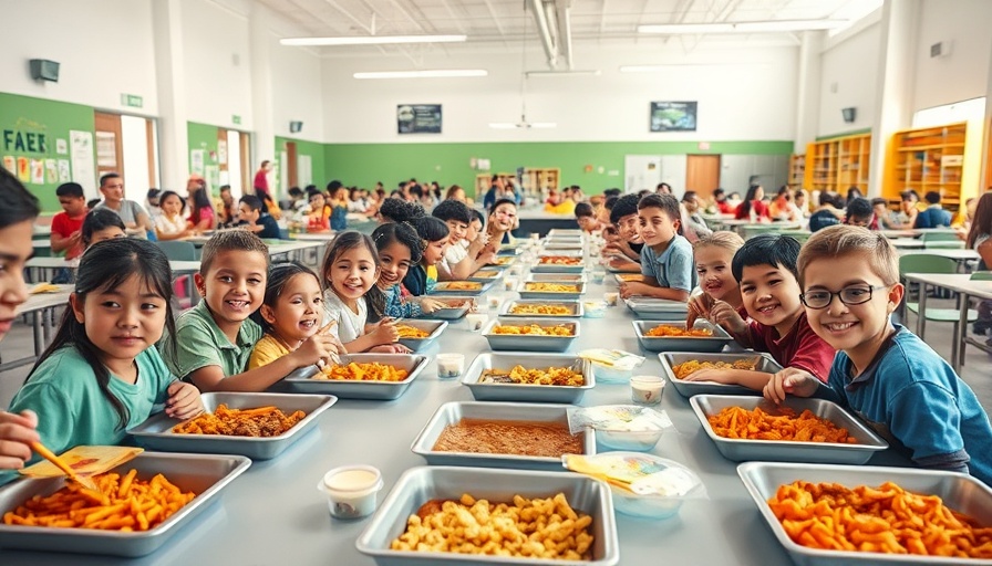 Cheerful students enjoying free school meals in a cafeteria.