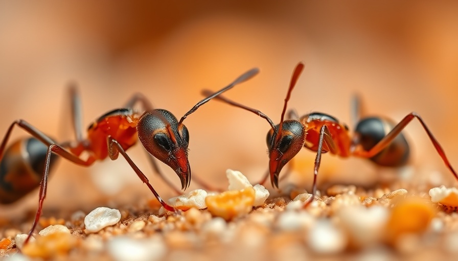 Ants using antennae with precision to explore food particles.