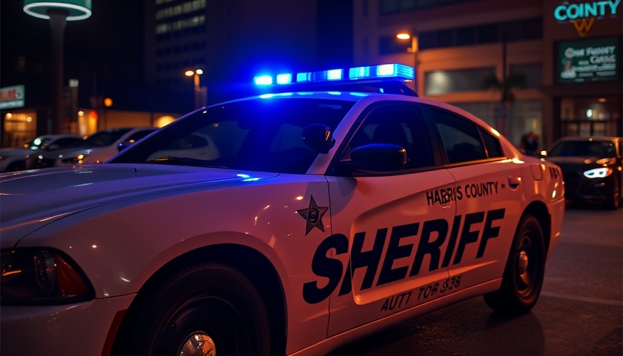 Harris County sheriff car with flashing lights at night.