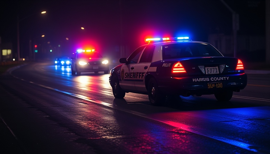 Harris County patrol car with blue emergency lights at night.