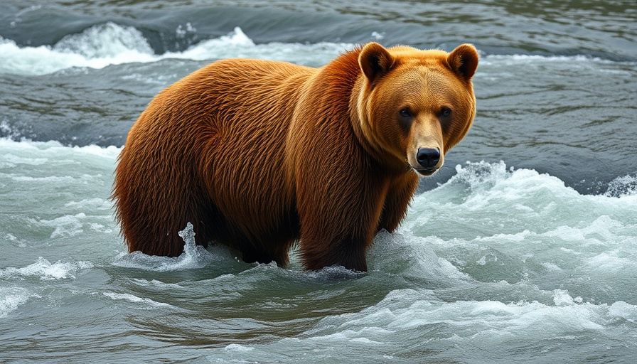Brown bear in a river during Fat Bear Week 2025, standing confidently.