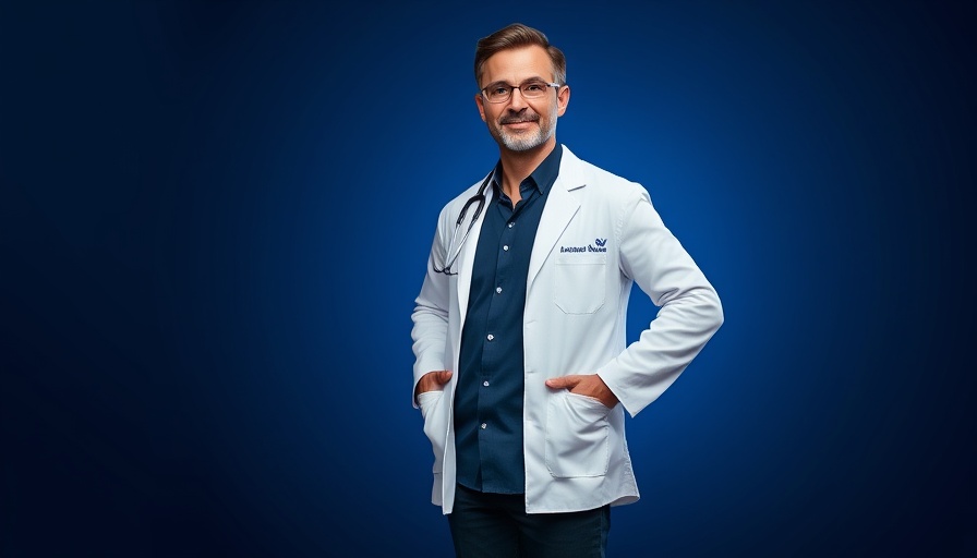 Confident doctor in promotional pose on dark blue background