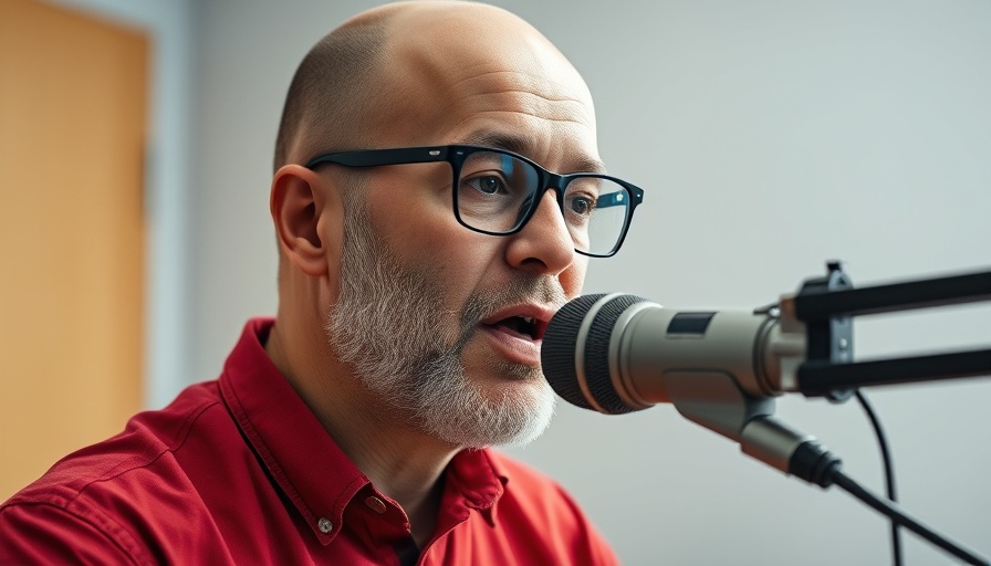 Bald man in red shirt recording podcast, indoor studio.