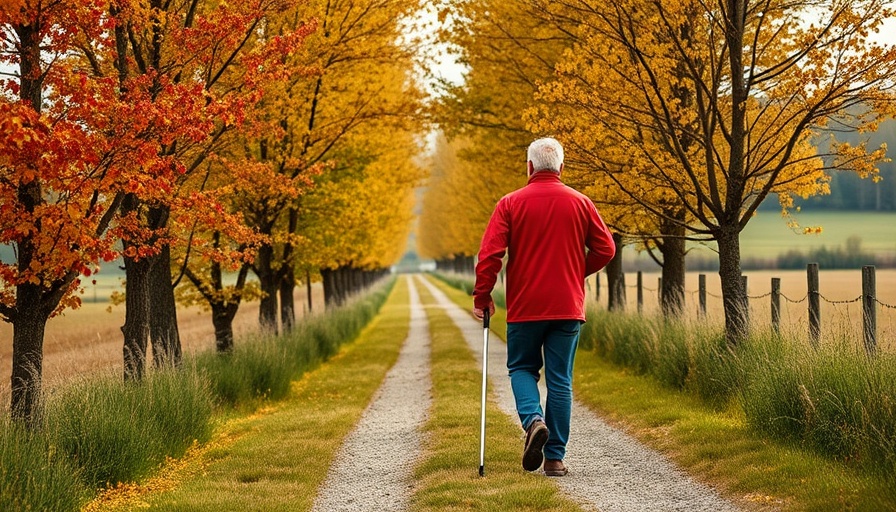 Person walking on path with walking stick in autumn scenery.