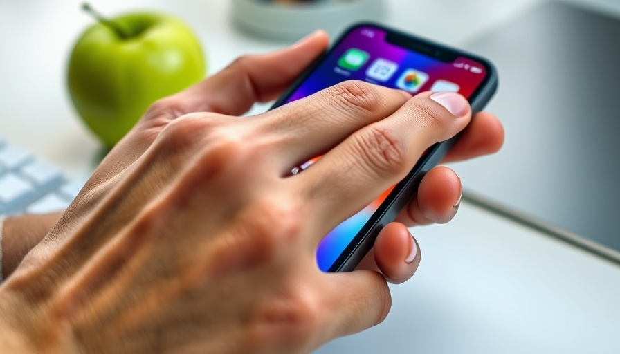 Hand using smartphone on desk with apple, related to cancer misinformation.