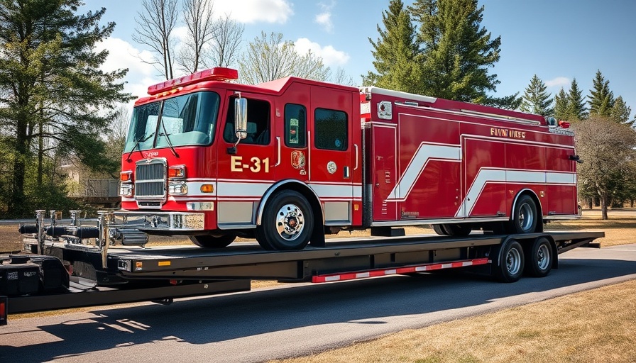 Hunt firefighters receive donated fire engine on flatbed trailer.