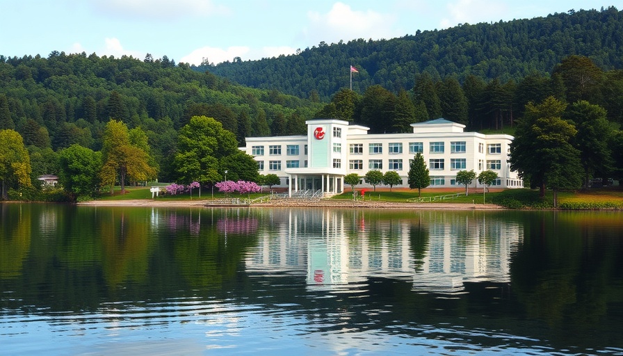Lakeside hospital at risk of flooding with serene background