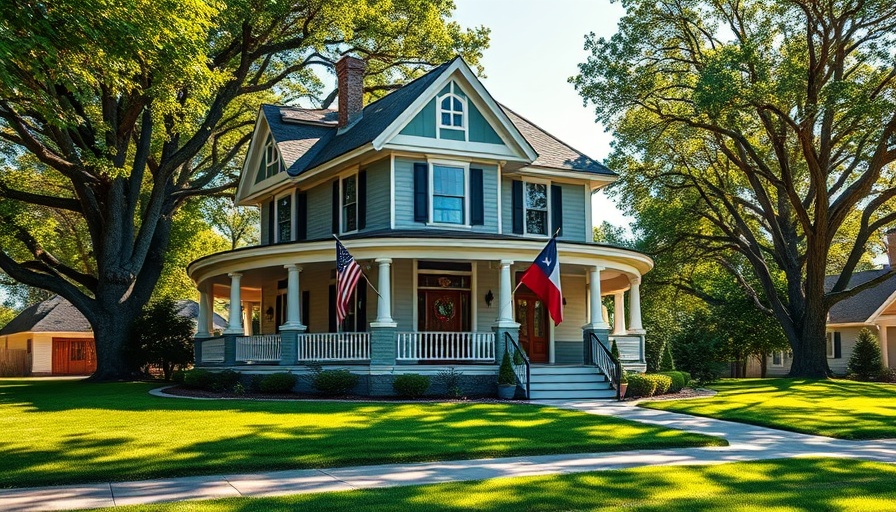 Victorian house in San Antonio with flags on the porch, lush greenery