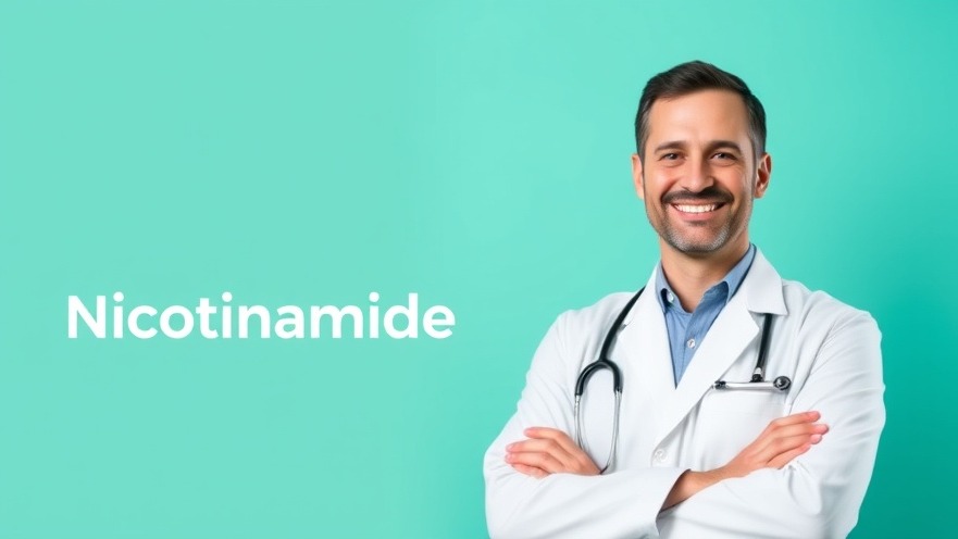 Smiling male doctor promoting Nicotinamide, emphasizing nutrition for seniors.