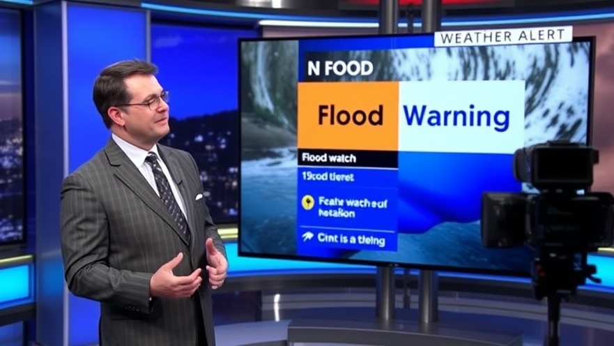 Professional weather presenter explaining flood alerts and safety preparation in San Antonio.