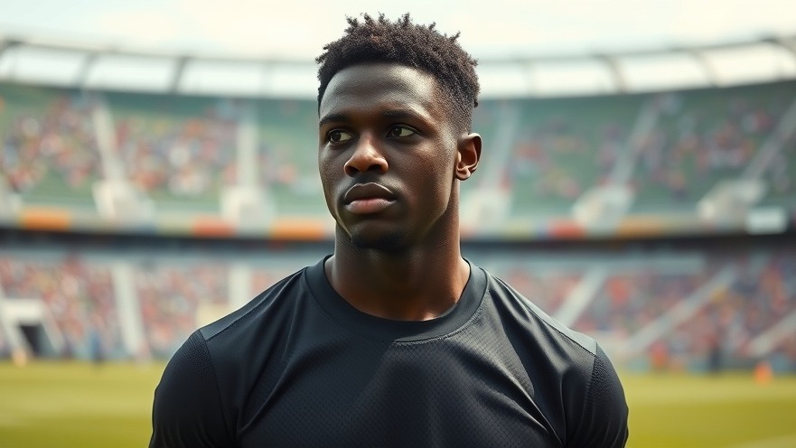 Contemplative black football player on a green field, capturing NFL news moment.