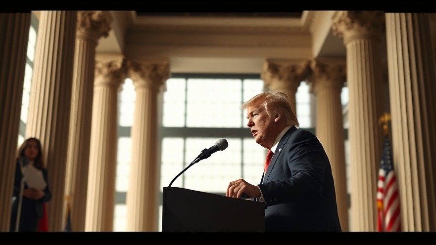 Trump giving a speech in a grand building, highlighting national economy news.