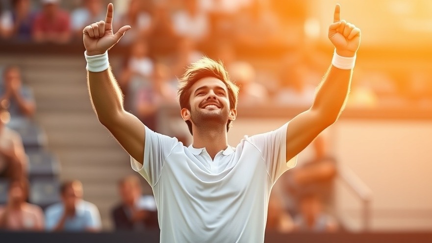 Male tennis player celebrating ATP Tour title victory with raised arms.