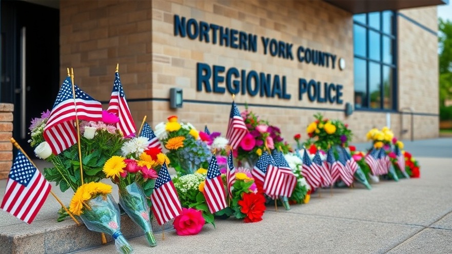 York County police news: solemn memorial with flowers and flags at Northern York County Regional Police.