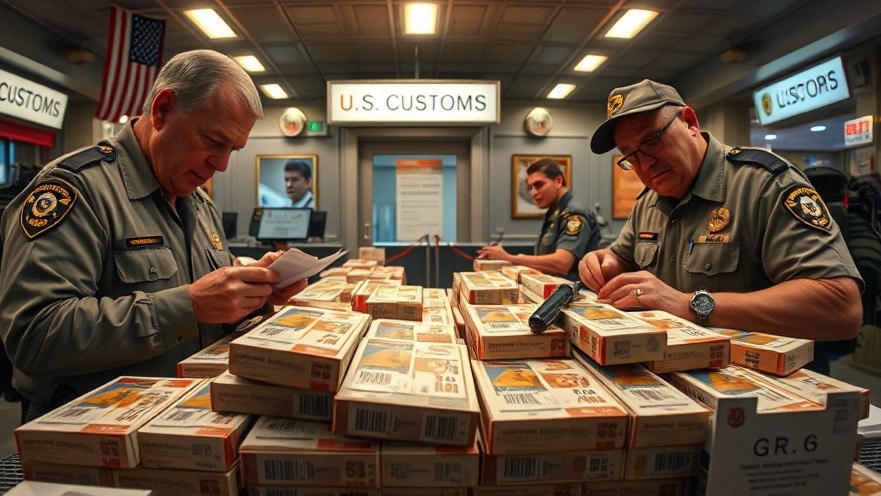 Detailed display of seized cigarette packs at U.S. Customs checkpoint, highlighting illegal tobacco trade.