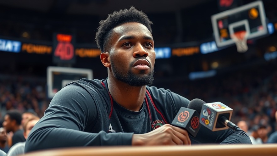 Serious black male basketball player at press conference sharing NBA highlights emotions.