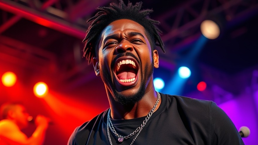 Energetic black man performing on stage, reflecting celebrity crime stories and public perception.