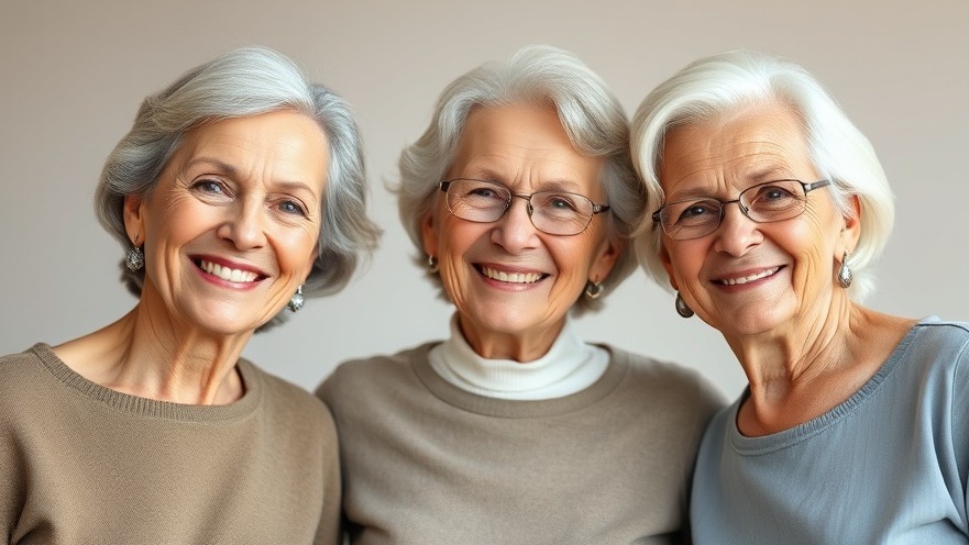 Three senior women with clear skin promoting probiotics for skin care indoors.