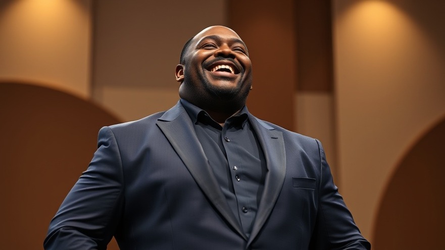 Confident man in navy suit smiling on stage, featuring dynamic expression and spotlight.