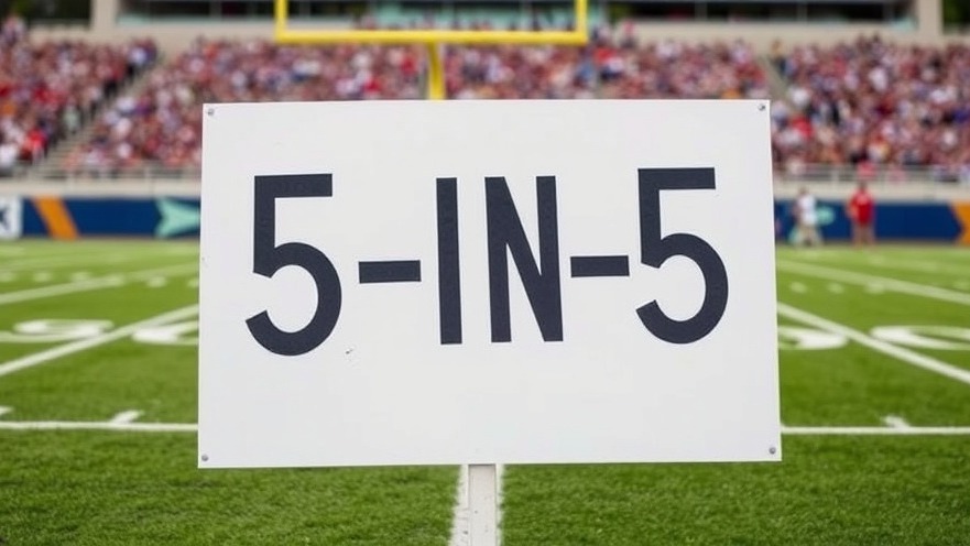 Sign displaying '5-in-5' in college sports, referencing college football scores.