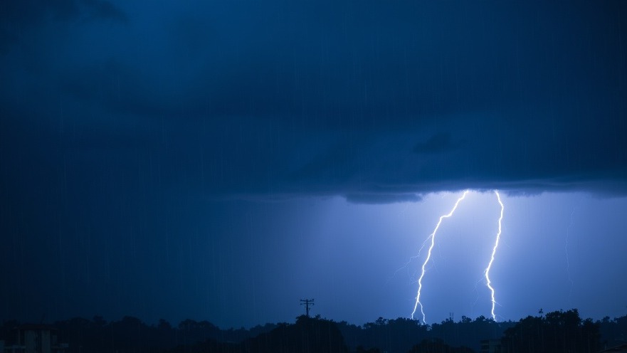 Heavy rain and lightning capture the essence of weather awareness during scattered thunderstorms.