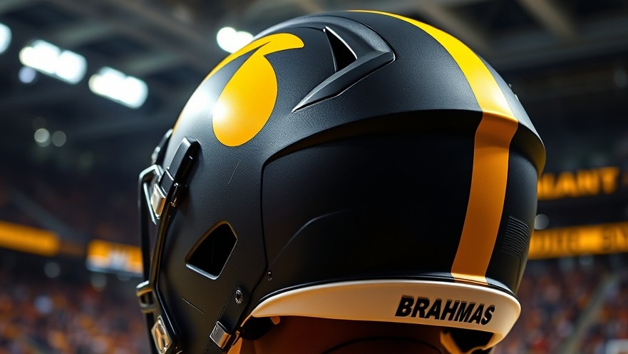 Close-up of a matte black football helmet with 'BRAHMAS' logo, showcasing sports culture in San Antonio.