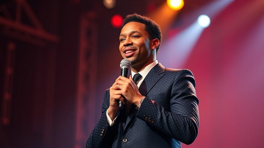 Trevor Noah stand-up performance with political commentary in warm lighting.