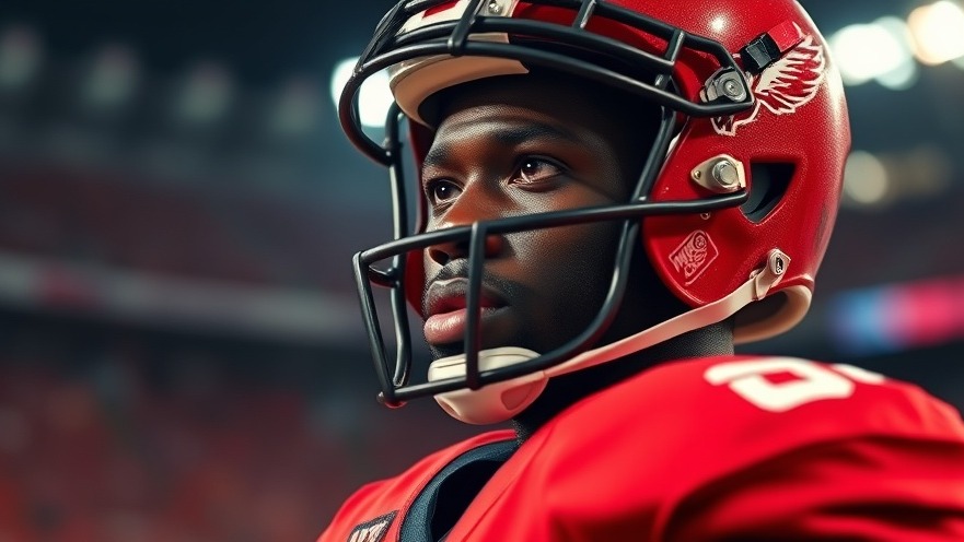 Determined black football player in red jersey symbolizes professional athletes' mental health amidst sports pressures.
