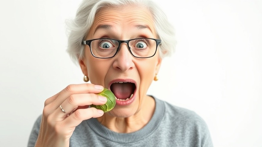 Playful older woman surprised by eating a brussels sprout, promoting health and wellness.