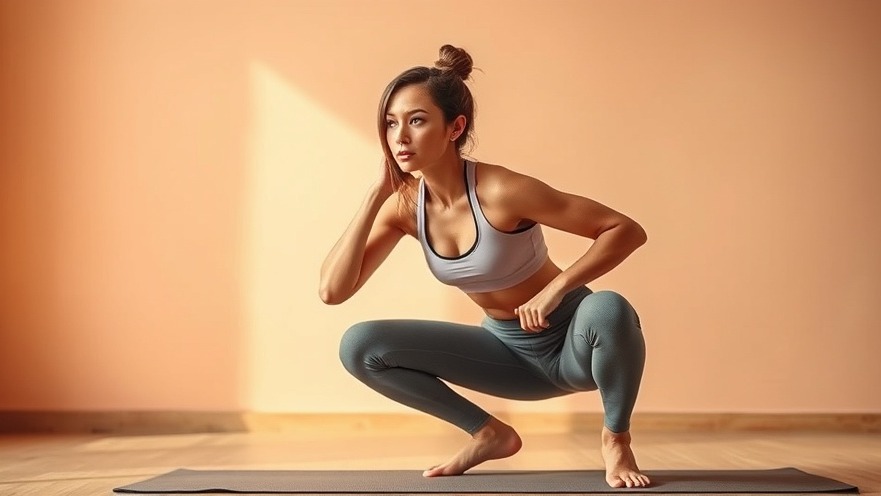 Athletic woman squatting on a yoga mat, embodying a healthy lifestyle and emotional wellness.
