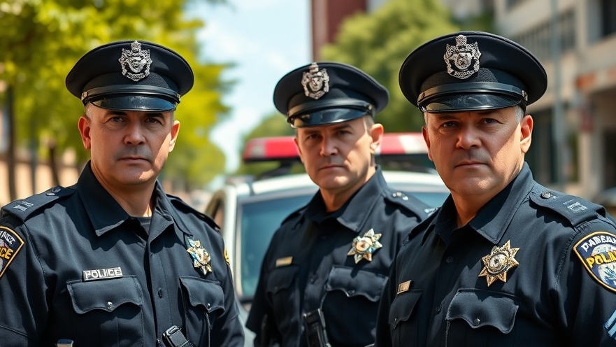 Stern-looking Austin Police Department officers promote community engagement in urban setting.